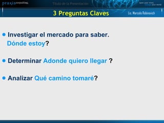 3 Preguntas Claves Investigar el mercado para saber.  Dónde estoy ?  Determinar  Adonde quiero llegar  ? Analizar  Qué camino tomaré ? Lic. Marcelo Rabinovich 