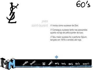 yvessaint-laurent/// Iniciou como sucessor de Dior;/// Conseguiu sucesso tanto nas passarelas quanto na loja de prêt-à-porter de luxo;/// Seu maior sucesso foi o perfume Opium, lançado em 1978 e vendido até hoje.*