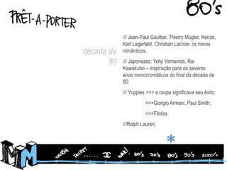 /// Jean-Paul Gaultier, Thierry Mugler, Kenzo, Karl Lagerfeld, Christian Lacroix: os novos românticos./// Japoneses: YohjiYamamoti, Rei Kawakubo – inspiração para os severos anos monocromáticos do final da década de 80;/// Yuppies >>> a roupa significava seu êxito:	>>>Giorgio Armani, Paul Smith;	>>>Filofax.///Ralph Lauren.década de 80*