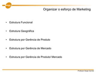 Professor Sergio Garrido
Organizar o esforço de Marketing
• Estrutura Funcional
• Estrutura Geográfica
• Estrutura por Gerência de Produto
• Estrutura por Gerência de Mercado
• Estrutura por Gerência de Produto/ Mercado
 