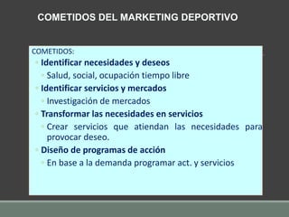 COMETIDOS:
◦ Identificar necesidades y deseos
◦ Salud, social, ocupación tiempo libre
◦ Identificar servicios y mercados
◦ Investigación de mercados
◦ Transformar las necesidades en servicios
◦ Crear servicios que atiendan las necesidades para
provocar deseo.
◦ Diseño de programas de acción
◦ En base a la demanda programar act. y servicios
COMETIDOS DEL MARKETING DEPORTIVO
 