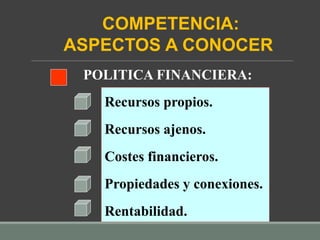 POLITICA FINANCIERA:
Recursos propios.
Recursos ajenos.
Costes financieros.
Propiedades y conexiones.
Rentabilidad.
COMPETENCIA:
ASPECTOS A CONOCER
 