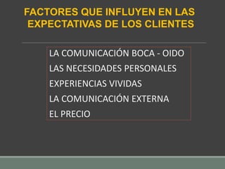 LA COMUNICACIÓN BOCA - OIDO
LAS NECESIDADES PERSONALES
EXPERIENCIAS VIVIDAS
LA COMUNICACIÓN EXTERNA
EL PRECIO
FACTORES QUE INFLUYEN EN LAS
EXPECTATIVAS DE LOS CLIENTES
 