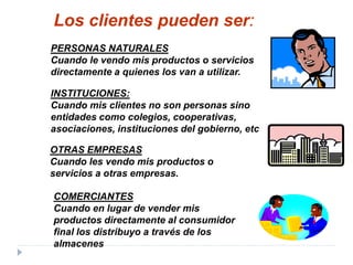 COMERCIANTES
Cuando en lugar de vender mis
productos directamente al consumidor
final los distribuyo a través de los
almacenes
Los clientes pueden ser:
PERSONAS NATURALES
Cuando le vendo mis productos o servicios
directamente a quienes los van a utilizar.
INSTITUCIONES:
Cuando mis clientes no son personas sino
entidades como colegios, cooperativas,
asociaciones, instituciones del gobierno, etc
OTRAS EMPRESAS
Cuando les vendo mis productos o
servicios a otras empresas.
 
