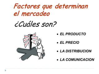 • EL PRODUCTO
• EL PRECIO
• LA DISTRIBUCION
• LA COMUNICACION
Factores que determinan
el mercadeo
¿Cuáles son?
 