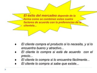 ♦ El cliente compra el producto si lo necesita, y si lo
encuentra bueno y atractivo...
♦ El cliente lo compra si está de acuerdo con el
precio...
♦ El cliente lo compra si lo encuentra fácilmente...
♦ El cliente lo compra si sabe que existe...
El éxito del mercadeo depende de la
forma como se combinen estos cuatro
factores de acuerdo con la preferencias de la
clientela...
 