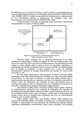 14
do marketing como um campo de estudo e prática sustenta a reconceitualização de
uma orientação transacional para uma orientação relacional (SHETH; PARVATIYAR,
1995; PAYNE, 2006). O avanço na orientação de marketing para o relacionamento
na Era Pós-Industrial significa o renascimento do marketing direto entre
fornecedores e consumidores (SHETH; PARVATIYAR, 1995).
A Figura 2 ilustra a transição do marketing transacional para o marketing de
relacionamento, de acordo com Payne (2006).
Figura 2: A transição para o Marketing de Relacionamento
Fonte: Adaptado de Payne (2006)
Grönroos (2003) esclarece que o marketing transacional é um efeito
resultante da visão básica e limitada da década de 1970 de marketing como uma
troca e tem como foco fazer com que os clientes comprem, não interessando se são
antigos ou novos. Muitas vezes o preço se torna um argumento importante e a
preocupação em facilitar as compras é maior do que em manter um relacionamento
com os clientes já existentes. O autor sumariza que “o foco do marketing
[transacional] é distribuir ou entregar efetivamente aos clientes um valor já pré-
produzido” (p. 39).
Em uma visão voltada para o relacionamento, entretanto, Grönroos (2003)
realça que o valor não é pré-produzido em uma fábrica, ou seja, não está embutido
nos produtos. “O valor para os clientes é criado pelo cliente durante todo o
relacionamento, parcialmente em interações entre ele e o fornecedor ou provedor do
serviço” (p.39). Há claramente uma mudança de foco, dos produtos para os
processos de criação de valor. O marketing serve como facilitador dos processos de
consumo e utilização pelos clientes durante todo o relacionamento.
Para Grönroos (1994), Sheth e Parvatiyar (2002) e Payne (2006), Marketing
de Relacionamento representa uma mudança de paradigma dos conceitos de
marketing desenvolvidos desde a década de 1960. A visão limitada dos 4P’s do mix
de marketing (produto, preço, praça, promoção), voltada para a maximização das
vendas evoluiu para um conceito mais abrangente que foca um relacionamento
duradouro com um cliente satisfeito.
Nesse sentido, Vavra (1993 apud DEMO; PONTE, 2008) defende uma
mudança do marketing voltado à conquista de clientes para o marketing focado na
retenção. O autor propõe um novo composto de marketing que engloba: produto
(qualidade, confiabilidade, características), preço, praça, promoção, comunicações
 