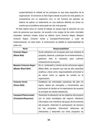 sustancialmente la calidad de los procesos en esa área específica de la
      organización. Si tomamos el Seis Sigma desde el punto de vista global y lo
      comparamos con un organismo vivo, un ser humano por ejemplo, se
      trataría de aplicar un tratamiento en una dolencia definida sin tomar en
      cuenta que el problema real puede ser aún más grande.
   El Seis Sigma toma en cuenta el trabajo en equipo bajo la dirección de una
serie de personas que asumen, de acuerdo a los rangos de las artes marciales
orientales, distintos niveles. Estos se definen como Cinturón Negro, Maestro
Cinturón    Negro,    Cinturón    Verde      y    Campeón/Patrocinador        y    Líder   de
Implementación, en este orden. A continuación se detalla la responsabilidad de
cada uno:
            Nivel                                       Responsabilidad
Cinturón Negro                   Aunar esfuerzos con el equipo para que empiece el
(Black Belt)                     proyecto, observar y participar en el entrenamiento y
                                 gestionar       todo    lo   necesario     para    culminar
                                 exitosamente el proyecto.
Maestro Cinturón Negro           Es un entrenador o mentor de los cinturones negros
(Master Black Belt)              (Black Belt), se requiere que sea de alta capacidad
                                 analítica y tiene como responsabilidad primordial la
                                 de actuar como un agente de cambio en la
                                 organización.
Cinturón Verde                   Establecer las actividades operativas del plan six
(Green Belt)                     sigma. Aplica los conceptos y herramientas que
                                 promueven el cambio en la organización de acuerdo
                                 al concepto de calidad establecido.
Campeón/Patrocinador             Garantizar la alineación de los objetivos del proyecto
(Champion/Esponsor)              con la visión estratégica del negocio. Mantener
                                 informados a los miembros del grupo de los avances
                                 del proyecto. Estimular la participación de terceros
                                 en   los    proyectos.       Estructurar   relaciones     de
                                 intercambio y desarrollo con otros proyectos six



                                             68
 