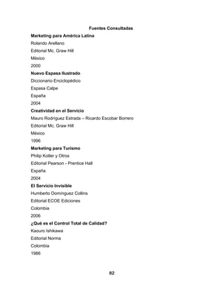 Fuentes Consultadas
Marketing para América Latina
Rolando Arellano
Editorial Mc. Graw Hill
México
2000
Nuevo Espasa Ilustrado
Diccionario Enciclopédico
Espasa Calpe
España
2004
Creatividad en el Servicio
Mauro Rodríguez Estrada – Ricardo Escobar Borrero
Editorial Mc. Graw Hill
México
1996
Marketing para Turismo
Philip Kotler y Otros
Editorial Pearson - Prentice Hall
España
2004
El Servicio Invisible
Humberto Domínguez Collins
Editorial ECOE Ediciones
Colombia
2006
¿Qué es el Control Total de Calidad?
Kaouro Ishikawa
Editorial Norma
Colombia
1986



                                       82
 