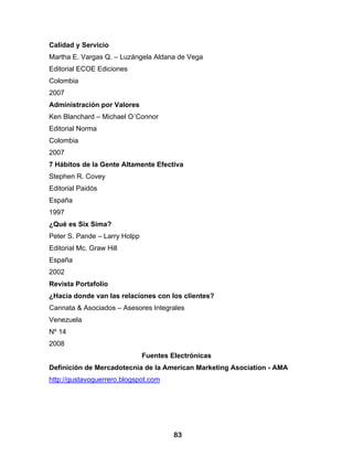 Calidad y Servicio
Martha E. Vargas Q. – Luzángela Aldana de Vega
Editorial ECOE Ediciones
Colombia
2007
Administración por Valores
Ken Blanchard – Michael O´Connor
Editorial Norma
Colombia
2007
7 Hábitos de la Gente Altamente Efectiva
Stephen R. Covey
Editorial Paidós
España
1997
¿Qué es Six Sima?
Peter S. Pande – Larry Holpp
Editorial Mc. Graw Hill
España
2002
Revista Portafolio
¿Hacia donde van las relaciones con los clientes?
Cannata & Asociados – Asesores Integrales
Venezuela
Nº 14
2008
                               Fuentes Electrónicas
Definición de Mercadotecnia de la American Marketing Asociation - AMA
http://gustavoguerrero.blogspot.com




                                        83
 