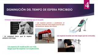 DISMINUCIÓN DEL TIEMPO DE ESPERA PERCIBIDO
4
• El tiempo desocupado parece más largo que el ocupado
• Las esperas previas y posteriores al
proceso parecen más largas que las que
se producen dentro del mismo.
• La ansiedad hace que la espera
parezca más larga.
Las esperas inciertas son más largas que las conocidas.
Las esperas sin explicación son más
largas que las esperas con explicación.
 