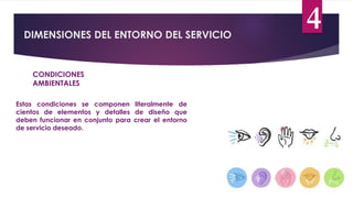 DIMENSIONES DEL ENTORNO DEL SERVICIO
4
CONDICIONES
AMBIENTALES
Estas condiciones se componen literalmente de
cientos de elementos y detalles de diseño que
deben funcionar en conjunto para crear el entorno
de servicio deseado.
 