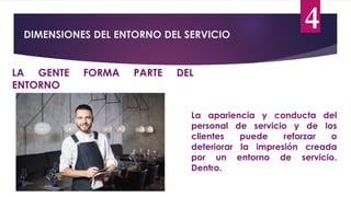 DIMENSIONES DEL ENTORNO DEL SERVICIO
4
LA GENTE FORMA PARTE DEL
ENTORNO
La apariencia y conducta del
personal de servicio y de los
clientes puede reforzar o
deteriorar la impresión creada
por un entorno de servicio.
Dentro.
 