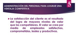 ADMINISTRACIÓN DEL PERSONAL PARA LOGRAR UNA
VENTAJA COMPETITIVA
 La satisfacción del cliente es el resultado
del logro de mayores niveles de valor
que los competidores. El valor se crea por
medio de empleados satisfechos,
comprometidos, leales y productivos.
5
 