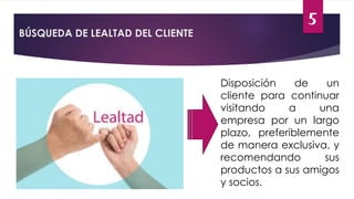 BÚSQUEDA DE LEALTAD DEL CLIENTE
Disposición de un
cliente para continuar
visitando a una
empresa por un largo
plazo, preferiblemente
de manera exclusiva, y
recomendando sus
productos a sus amigos
y socios.
5
 