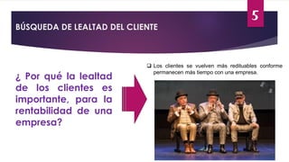 BÚSQUEDA DE LEALTAD DEL CLIENTE
¿ Por qué la lealtad
de los clientes es
importante, para la
rentabilidad de una
empresa?
5
 Los clientes se vuelven más redituables conforme
permanecen más tiempo con una empresa.
 