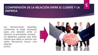 COMPRENSIÓN DE LA RELACIÓN ENTRE EL CLIENTE Y LA
EMPRESA
Las transacciones repetidas
conforman la base necesaria
para una relación entre un
cliente y un proveedor, aunque
no debemos suponer que todo
cliente que utiliza un servicio con
cierta frecuencia busca una
relación
activa.
5
 