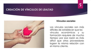 5
CREACIÓN DE VÍNCULOS DE LEALTAD
Los vínculos sociales son más
difíciles de establecer que los
vínculos económicos y su
formación requiere de mucho
tiempo; por esa razón es más
difícil que otros proveedores
logren la misma relación con
el mismo cliente.
Vínculos sociales
 