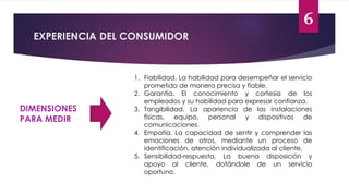 6
EXPERIENCIA DEL CONSUMIDOR
DIMENSIONES
PARA MEDIR
1. Fiabilidad. La habilidad para desempeñar el servicio
prometido de manera precisa y fiable.
2. Garantía. El conocimiento y cortesía de los
empleados y su habilidad para expresar confianza.
3. Tangibilidad. La apariencia de las instalaciones
físicas, equipo, personal y dispositivos de
comunicaciones.
4. Empatía. La capacidad de sentir y comprender las
emociones de otros, mediante un proceso de
identificación, atención individualizada al cliente.
5. Sensibilidad-respuesta. La buena disposición y
apoyo al cliente, dotándole de un servicio
oportuno.
 
