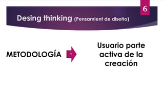 Desing thinking (Pensamient de diseño)
6
Y
METODOLOGÍA
Usuario parte
activa de la
creación
 