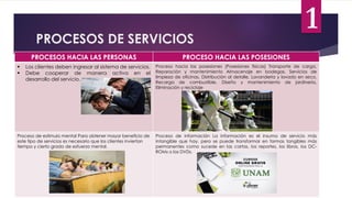PROCESOS DE SERVICIOS
PROCESOS HACIA LAS PERSONAS PROCESO HACIA LAS POSESIONES
 Los clientes deben ingresar al sistema de servicios.
 Debe cooperar de manera activa en el
desarrollo del servicio.
Proceso hacia las posesiones (Posesiones físicas) Transporte de carga,
Reparación y mantenimiento Almacenaje en bodegas, Servicios de
limpieza de oficinas, Distribución al detalle, Lavandería y lavado en seco,
Recarga de combustible, Diseño y mantenimiento de jardinería,
Eliminación y reciclaje
Proceso de estimulo mental Para obtener mayor beneficio de
este tipo de servicios es necesario que los clientes inviertan
tiempo y cierto grado de esfuerzo mental.
Proceso de información La información es el insumo de servicio más
intangible que hay, pero se puede transformar en formas tangibles más
permanentes como sucede en las cartas, los reportes, los libros, los DC-
ROMs o los DVDs.
1
 