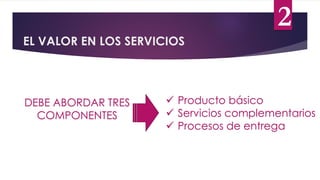 EL VALOR EN LOS SERVICIOS
DEBE ABORDAR TRES
COMPONENTES
 Producto básico
 Servicios complementarios
 Procesos de entrega
2
 