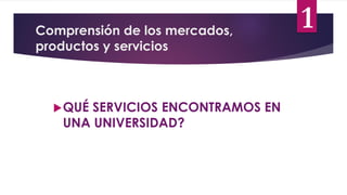 QUÉ SERVICIOS ENCONTRAMOS EN
UNA UNIVERSIDAD?
Comprensión de los mercados,
productos y servicios
1
 