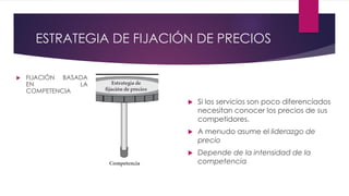 ESTRATEGIA DE FIJACIÓN DE PRECIOS
 FIJACIÓN BASADA
EN LA
COMPETENCIA
 Si los servicios son poco diferenciados
necesitan conocer los precios de sus
competidores.
 A menudo asume el liderazgo de
precio
 Depende de la intensidad de la
competencia
 