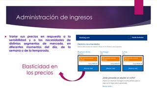 Administración de ingresos
 Variar sus precios en respuesta a la
sensibilidad y a las necesidades de
distintos segmentos de mercado, en
diferentes momentos del día, de la
semana o de la temporada.
Elasticidad en
los precios
 