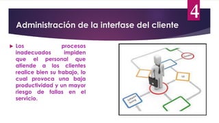 Administración de la interfase del cliente
4
 Los procesos
inadecuados impiden
que el personal que
atiende a los clientes
realice bien su trabajo, lo
cual provoca una baja
productividad y un mayor
riesgo de fallas en el
servicio.
 