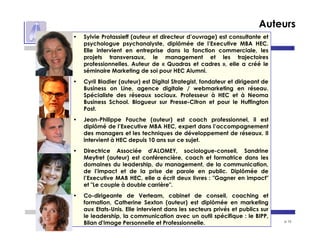 p 10
Auteurs
• Sylvie Protassieff (auteur et directeur d’ouvrage) est consultante et
psychologue psychanalyste, diplômée de l’Executive MBA HEC.
Elle intervient en entreprise dans la fonction commerciale, les
projets transversaux, le management et les trajectoires
professionnelles. Auteur de « Quadras et cadres », elle a créé le
séminaire Marketing de soi pour HEC Alumni.
• Cyril Bladier (auteur) est Digital Strategist, fondateur et dirigeant de
Business on Line, agence digitale / webmarketing en réseau.
Spécialiste des réseaux sociaux. Professeur à HEC et à Neoma
Business School. Blogueur sur Presse-Citron et pour le Huffington
Post.
• Jean-Philippe Fauche (auteur) est coach professionnel, il est
diplômé de l’Executive MBA HEC, expert dans l’accompagnement
des managers et les techniques de développement de réseaux. Il
intervient à HEC depuis 10 ans sur ce sujet.
• Directrice Associée d'ALOMEY, sociologue-conseil, Sandrine
Meyfret (auteur) est conférencière, coach et formatrice dans les
domaines du leadership, du management, de la communication,
de l’impact et de la prise de parole en public. Diplômée de
l’Executive MAB HEC, elle a écrit deux livres : "Gagner en impact"
et "Le couple à double carrière".
• Co-dirigeante de Verteam, cabinet de conseil, coaching et
formation, Catherine Sexton (auteur) est diplômée en marketing
aux Etats-Unis. Elle intervient dans les secteurs privés et publics sur
le leadership, la communication avec un outil spécifique : le BIPP,
Bilan d'Image Personnelle et Professionnelle.
 