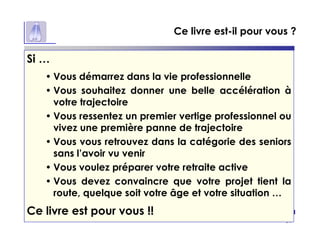p 5
Ce livre est-il pour vous ?
Si …
• Vous démarrez dans la vie professionnelle
• Vous souhaitez donner une belle accélération à
votre trajectoire
• Vous ressentez un premier vertige professionnel ou
vivez une première panne de trajectoire
• Vous vous retrouvez dans la catégorie des seniors
sans l’avoir vu venir
• Vous voulez préparer votre retraite active
• Vous devez convaincre que votre projet tient la
route, quelque soit votre âge et votre situation …
Ce livre est pour vous !!
 