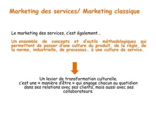 Marketing des services/ Marketing classique 
Le marketing des services, c’est également… 
Un ensemble de concepts et d’outils méthodologiques qui 
permettent de passer d’une culture du produit, de la règle, de 
la norme, industrielle, de processus… à une culture de service. 
Un levier de transformation culturelle. 
c’est une « manière d’être » qui engage chacun au quotidien 
dans ses relations avec ses clients, mais aussi avec ses 
collaborateurs. 
 
