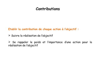 Contributions 
Etablir la contribution de chaque action à l’objectif : 
 Suivre la réalisation de l’objectif 
 Se rappeler le poids et l’importance d’une action pour la 
réalisation de l’objectif 
 