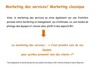 Marketing des services/ Marketing classique 
Ainsi, le marketing des services se situe également sur une frontière 
poreuse entre marketing et management, qui s’intéresse, lui, aux modes de 
pilotage des équipes et renvoie donc plutôt à des aspects RH. 
Le marketing des services : « C’est prendre soin de ses 
équipes 
pour qu’elles prennent soin des clients »* 
*Du management au marketing des services, publié chez Dunod, 2011, Charles Ditandy et benoit Meyronin. 
 