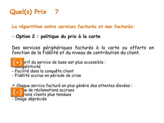 Quel(s) Prix ? 
La répartition entre services facturés et non facturés: 
- Option 2 : politique du prix à la carte 
Des services périphériques facturés à la carte ou offerts en 
fonction de la fidélité et du niveau de contribution du client. 
Le tarif du service de base est plus accessible : 
- Compétitivité 
- Facilité dans la conquête client 
- Fidélité accrue en période de crise 
 Chaque service facturé en plus génère des attentes élevées : 
- Risque de réclamations accrues 
- Relations clients plus tendues 
- Image dépréciée 
 