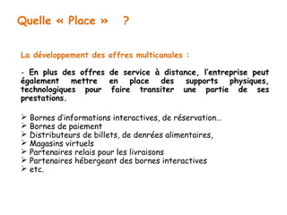 Quelle « Place » ? 
La développement des offres multicanales : 
- En plus des offres de service à distance, l’entreprise peut 
également mettre en place des supports physiques, 
technologiques pour faire transiter une partie de ses 
prestations. 
 Bornes d’informations interactives, de réservation… 
 Bornes de paiement 
 Distributeurs de billets, de denrées alimentaires, 
 Magasins virtuels 
 Partenaires relais pour les livraisons 
 Partenaires hébergeant des bornes interactives 
 etc. 
 