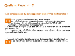 Quelle « Place » ? 
Les conséquences du développement des offres multicanales : 
- Le client gagne en indépendance et en autonomie 
- Le client gagne du temps et réduit le nombre de ses interlocuteurs. 
- Le service peut être « détemporalisé » (accès 24h/24, 7j/7) 
- L’entreprise rationnalise ses ressources 
- L’entreprise s’adapte plus facilement à la variation de la demande, 
gestion des flux… 
- L’entreprise bénéficie d’un réseau plus dense, d’une présence 
géographique plus large… 
- Nécessité d’investir dans l’ergonomie des supports et dans la fiabilité. 
- Risque de moindre de contact avec les clients, baisse de la proximité… 
 