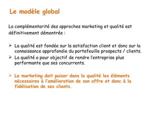 Le modèle global 
La complémentarité des approches marketing et qualité est 
définitivement démontrée : 
 La qualité est fondée sur la satisfaction client et donc sur la 
connaissance approfondie du portefeuille prospects / clients. 
 La qualité a pour objectif de rendre l’entreprise plus 
performante que ses concurrents. 
 Le marketing doit puiser dans la qualité les éléments 
nécessaires à l’amélioration de son offre et donc à la 
fidélisation de ses clients. 
 