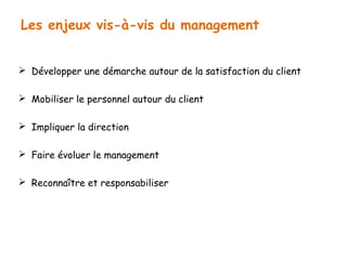 Les enjeux vis-à-vis du management 
 Développer une démarche autour de la satisfaction du client 
 Mobiliser le personnel autour du client 
 Impliquer la direction 
 Faire évoluer le management 
 Reconnaître et responsabiliser 
 