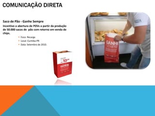 COMUNICAÇÃO DIRETA

Saco de Pão - Ganhe Sempre
Incentivo a abertura de PDVs a partir da produção
de 50.000 sacos de pão com retorno em venda de
chips.
            Foco: Recarga
            Local: Curitiba-PR
            Data: Setembro de 2010.
 