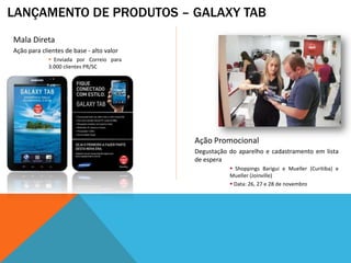 LANÇAMENTO DE PRODUTOS – GALAXY TAB
Mala Direta
Ação para clientes de base - alto valor
              Enviada por Correio para
             3.000 clientes PR/SC




                                          Ação Promocional
                                          Degustação do aparelho e cadastramento em lista
                                          de espera
                                                      Shoppings Barigui e Mueller (Curitiba) e
                                                     Mueller (Joinville)
                                                      Data: 26, 27 e 28 de novembro
 