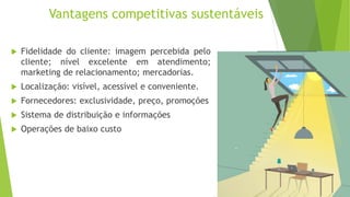 Vantagens competitivas sustentáveis
 Fidelidade do cliente: imagem percebida pelo
cliente; nível excelente em atendimento;
marketing de relacionamento; mercadorias.
 Localização: visível, acessível e conveniente.
 Fornecedores: exclusividade, preço, promoções
 Sistema de distribuição e informações
 Operações de baixo custo
 