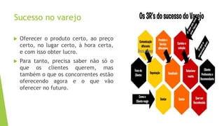 Sucesso no varejo
 Oferecer o produto certo, ao preço
certo, no lugar certo, à hora certa,
e com isso obter lucro.
 Para tanto, precisa saber não só o
que os clientes querem, mas
também o que os concorrentes estão
oferecendo agora e o que vão
oferecer no futuro.
 