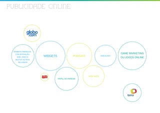PUBLICIDADE ONLINE




 BANNERS ANIMADOS,
  COM INTERAÇÃO,                                                             GAME MARKETING
    SOM, VÍDEO E     WIDGETS                PODCAST              VIDEOCAST
                                                                             OU JOGOS ONLINE
  MUITOS OUTROS
     RECURSOS




                                                      WEBCARDS
                               PAPEL DE PAREDE
 