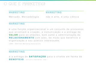 O QUE E MARKETING?

  MARKETING                                MARKETING

  Mercado, Mercadologia                    não é arte, é uma ciência


  MARKETING

  é uma função organizacional e um conjunto de processos
  que envolvem a criação, a comunicação e a entrega de
  VA L O R p a r a o s c l i e n t e s , b e m c o m o a a d m i n i s t r a ç ã o d o
  RELACIONAMENTO com eles, de modo que beneficie a
  organização e seu público interessado.
  (AMA - American Marketing Association)




  MARKETING

  é a e n t r e g a d e S AT I S FA Ç Ã O p a r a o c l i e n t e e m f o r m a d e
  B E N E F Í C I O . (KOTLER e ARMSTRONG, 1999)
 