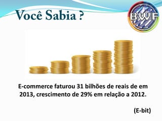 E-commerce faturou 31 bilhões de reais de em
2013, crescimento de 29% em relação a 2012.
(E-bit)

 