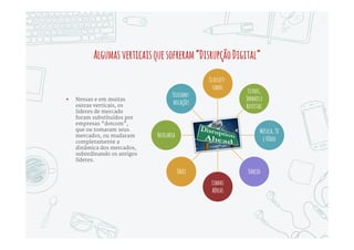 CincopropriedadesdisruptivasdoMarketingDigital
Chega a qualquer
lugar do mundo
em frações de
segundos,
disponível a
qualquer hora.
Escala para
milhões de
pessoas rápido e
barato – custos
incrementais de
infraestrutura são
muito baixos.
O tempo entre
produção e
distribuição pode
ser tão baixo
quanto tempo real
– automatizado e
personalizado.
Facilmente
alterável;
correções,
melhorias e
aumentos de
eficiência podem
ser aplicados
instantânea-
mente
Mensurável com
alto nível de
detalhe e
precisão;
mensurações
podem alimentar
sistemas
automatizados de
otimização
 