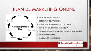 PLAN DE MARKETING ONLINE
- ESCUCHA A LOS USUARIOS
- OBSERVA LA COMPETENCIA
- DEFINE TU PUBLICO OBJETIVO Y TU NICHO
- DEFINE TUS OBJETIVOS Y ESTRATEGIA
- CREA CONTENIDOS DE INTERÉS PARA TUS SEGUIDORES
- ELIGE PLATAFORMAS
- ANALIZA LOS RESULTADOS
 