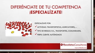 DIFERÉNCIATE DE TU COMPETENCIA
¡ESPECIALÍZATE!
ESPECIALÍZATE POR:
ACTIVIDAD: TRANSPORTISTAS, AGRICULTORES,…
TIPO DE RIESGO: R.C., TRANSPORTES, COMUNIDADES,
PERFIL CLIENTE: AUTÓNOMOS
 